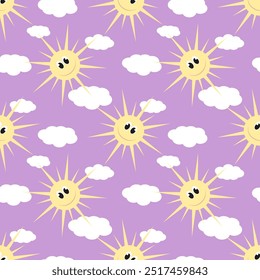 Ilustração vetorial. Engraçado sorrindo desenho animado sol sem emenda padrão em fundo brilhante.