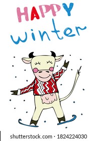 Vector illustration of funny smiling cow on skates. 