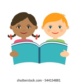 Vector illustration of funny smiling girl and boy reading book. Logo design template for kids education class. Modern flat cartoon style illustration of multicultural education for kids. Vector EPS 10