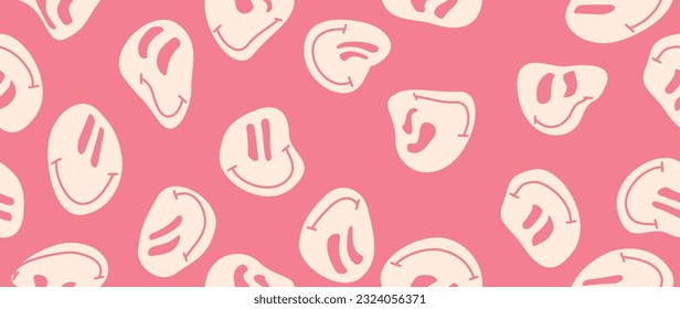 Ilustración vectorial. Cara divertida sonriendo feliz. Estilo de caricatura. Patrón sin foco. Sonriente en un fondo rosado. Papel tapiz del doodle de carácter de moda. Adecuado para tapicería, cubierta y diseño textil.