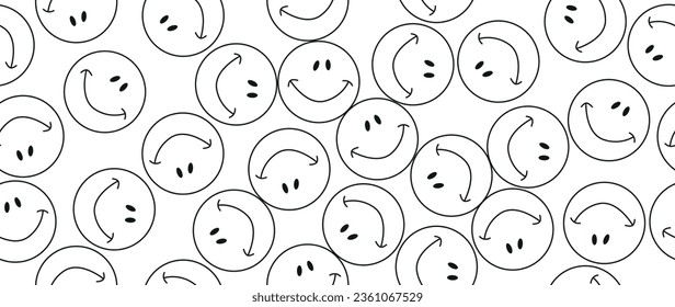 Ilustración vectorial. Cara divertida sonriendo feliz. Estilo de caricatura. Patrón sin foco. Emoticon de fondo blanco. Papel tapiz de doodle de personajes de moda. Adecuado para tapicería, cubierta y diseño textil.