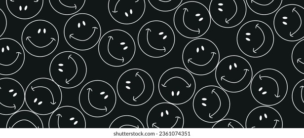 Vector illustration. Funny smiling happy face. Cartoon style. Seamless pattern. Emoticon on a black background. Trendy symbols doodle wallpaper. Suitable for wallpaper, cover and textile design.