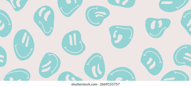 Ilustração vetorial. Rosto feliz sorridente e engraçado. Estilo de desenho animado. Padrão contínuo. Emoticon em fundo bege. Papel de parede com personagens de doodle na moda. Adequado para papel de parede, capa e design têxtil.