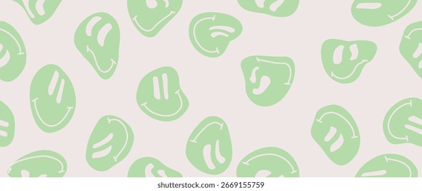 Vector illustration. Funny smiling happy face. Cartoon style. Seamless pattern. Emoticon on beige background. Wallpaper with trendy doodle characters. Suitable for wallpaper, cover and textile design.