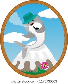 Vector illustration of funny smoking whale on the mountain with a friend, cartoon characters