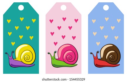 The vector illustration with funny snail and hearts