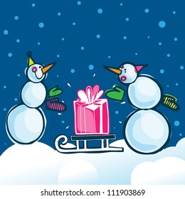 Vector illustration with funny snowman. Cartoon Christmas card