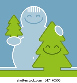 Vector illustration. Funny snowman and Christmas tree with blue background. Creative and modern characters for advertising, poster, banner, web and flyer.