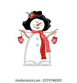 Imagen vectorial de un muñeco de nieve gracioso. Hombre de nieve sonriendo con un sombrero, bufanda y guantes. Año Nuevo y Navidad, vacaciones de invierno.