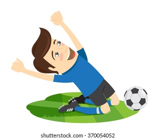 Vector illustration Funny soccer football player wearing blue t-shirt enjoying the victory on his knees