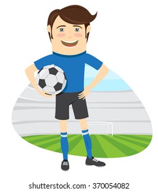 Vector illustration Funny soccer football player wearing blue t-shirt standing holding ball and smiling