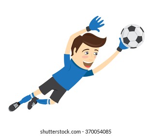 Vector illustration Funny soccer football player goalkeeper wearing blue t-shirt jumping for ball