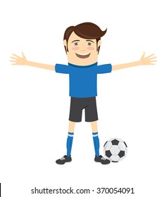 Vector illustration Funny soccer football player wearing blue t-shirt standing waving and smiling