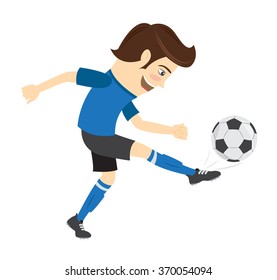 Vector illustration Funny soccer football player wearing blue t-shirt running kicking a ball and smiling