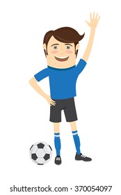 Vector illustration Funny soccer football player wearing blue t-shirt standing waving and smiling