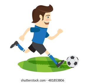 Vector illustration Funny soccer football player wearing blue t-shirt running kicking a ball and smiling