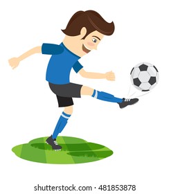 Vector illustration Funny soccer football player wearing blue t-shirt running kicking a ball and smiling