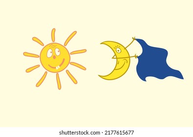 vector illustration with funny space bodies. approaching solar eclipse