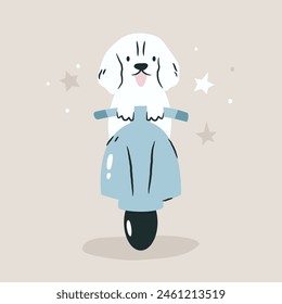 Ilustración vectorial de un divertido perro spaniel montando una moto. Vacaciones, vibra de viaje. Concepto de viaje de perro