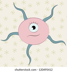 vector illustration of a funny and strange microbe, with a single eye and five tentacles