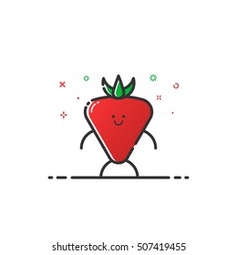 Vector illustration of funny Strawberry character cartoon isolated in line style. Linear red cute fruit icon with face smile. Flat design for banner, web page and mobile app. Outline vegan expression.