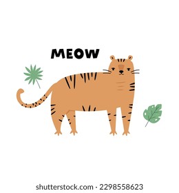 Vektorgrafik eines lustig gestreiften Tigers und tropischer Blätter. Naive Illustration für Rahmenkunst, Dekoration, Kinderabdrücke.