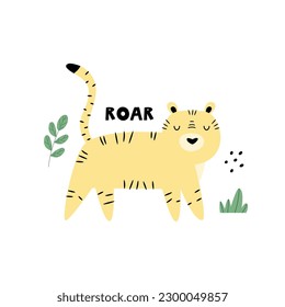 Vector illustration of a funny striped tiger and tropical leaves. Naive illustration for frame arts, decorations, kids prints.