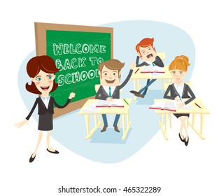 Vector illustration Funny students school pupils and teacher professor at desks listening answer lesson in front of chalkboard (blackboard) with Welcome back to school. Light flat style design. 