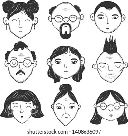 Vector illustration of funny stylized people portraits set. Man, woman and kids heads. Young, old, mod age, in glasses, punk, nerd, grandmother, boys and girls. Vintage hand drawn style.