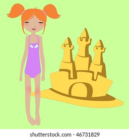 Vector Illustration of funny summer background  with the little girl and the sandcastle.