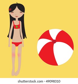 Vector Illustration of funny summer background  with the little girl and the ball.