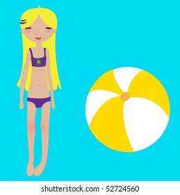 Vector Illustration of funny summer background  with the little girl and the ball