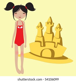 Vector Illustration of funny summer background  with the little girl and the sandcastle.