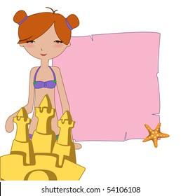 Vector Illustration of funny summer background  with the little girl and the sandcastle.