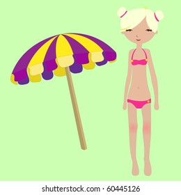 Vector Illustration of funny summer background  with the little girl and parasol