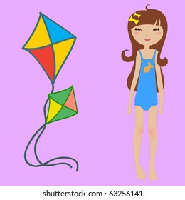Vector Illustration of funny summer background  with the little girl and kite