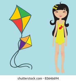 Vector Illustration of funny summer background  with the little girl and kite