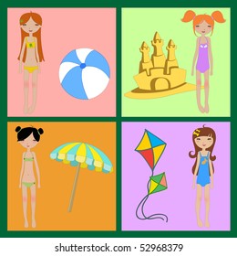 Vector Illustration of funny summer icons, decorated with little girls.