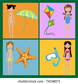 Vector Illustration of funny summer icons, decorated with little girls.