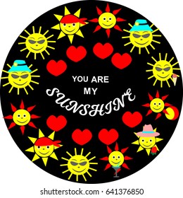 Vector Illustration funny sun round picture with sunglasses,cocktail ,ball and swimming around