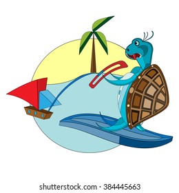 vector illustration of a funny , surfing turtle on the tropical background