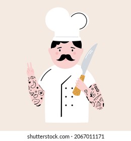 Vector illustration of a funny tattooed chef cook with a knife. Funny character design in a modern flat style