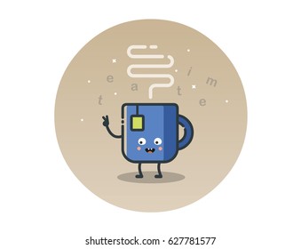 Vector illustration of funny tea cup cartoon character, hot drinks cute icon 