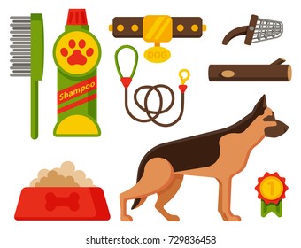 Vector illustration funny thoroughbred german shepherd dog attentive happy pet pedigree canine accessory.