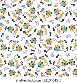 Vector illustration of funny tiger driving the green car. Can be used for t-shirt print, Creative vector childish background for fabric textile, nursery wallpaper and other decoration.