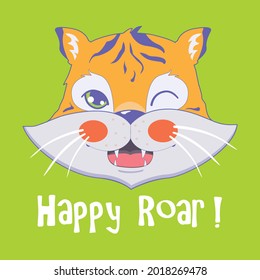 Vector illustration of funny tiger face, postcard, sticker, poster. Happy New Year 2022