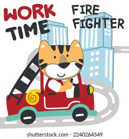 Vector illustration of funny tiger firefighter on fire truck. Creative vector childish background for fabric, textile, nursery wallpaper, card, poster and other decoration