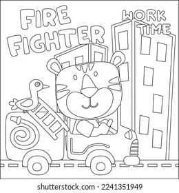 Vector illustration of funny tiger firefighter on fire truck. Creative vector Childish design for kids activity colouring book or page.