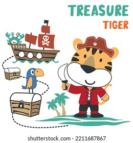 Vector illustration of funny tiger pirate with treasure chest, suitable for stickers and t shirts kids baby, t shirt print design, fashion graphic and other decoration.