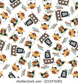 Vector illustration of funny tiger pirate with treasure chest, Can be used for t-shirt print, Creative vector childish background for fabric textile, nursery wallpaper and other decoration.